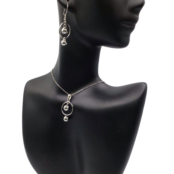 925 Sterling Silver Necklace & Earrings Set Ball Pendant 18" Dangle Hooks - Picture 1 of 11